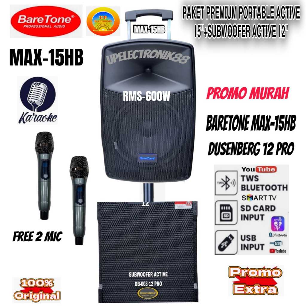 Paket Premium Outdoor Indoor Speaker Portable Baretone MAX15HB+ Subwoofer 12 Inch Original