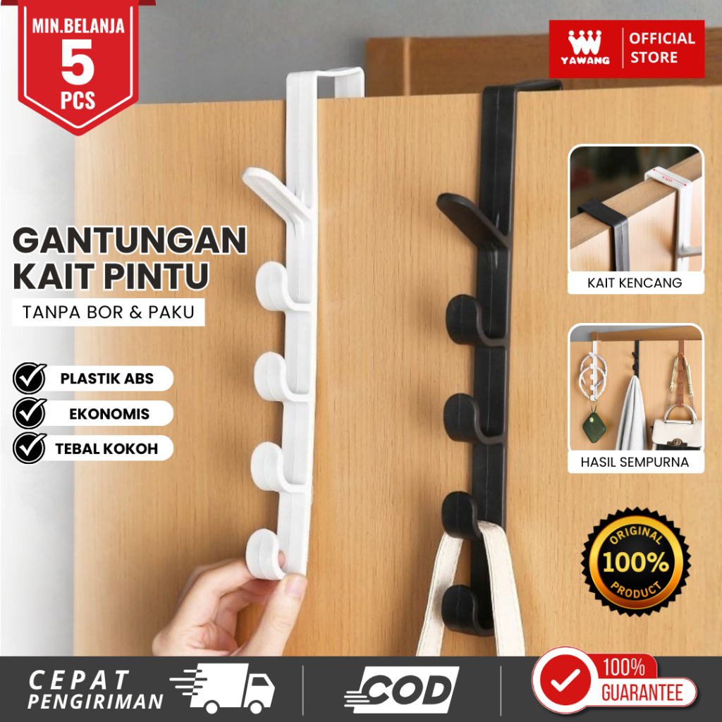 YAWANG Indonesia Gantungan Baju Belakang Pintu 5 Kait Plastik Serbaguna Hanger Plastik Tas Topi Tanp