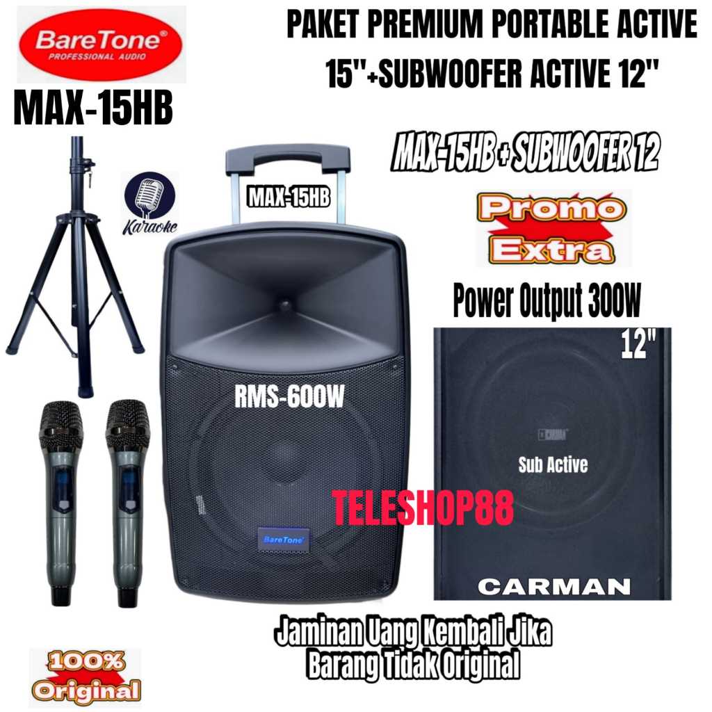 Paket Sound System Speaker Portable Baretone MAX15HB + Subwoofer 12 Inch Original Kualitas Premium