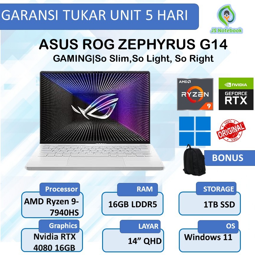 ASUS ROG ZEPHYRUS G14 GA402  RYZEN 9 7940 RTX4080 12GB/ 16GB 1TB W11 14.0QHD IPS