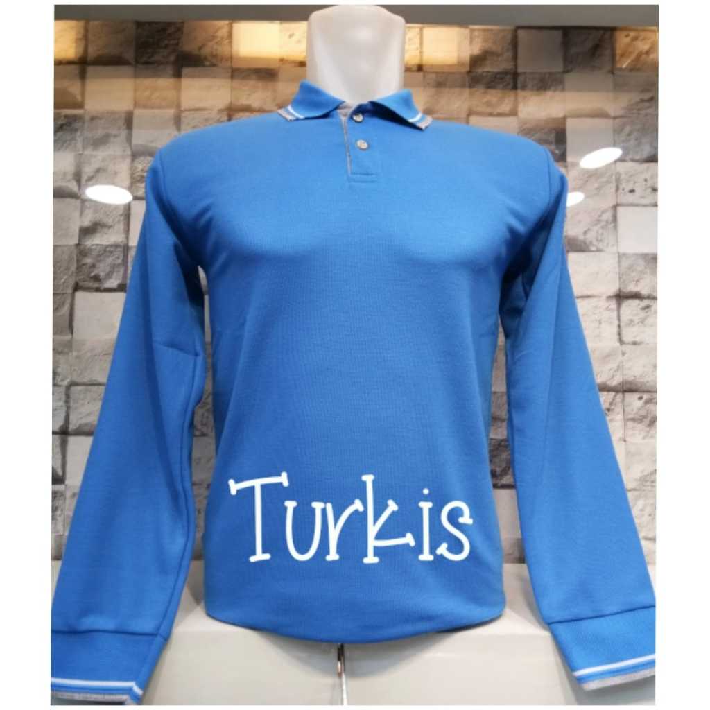Polo Shirt Biru Turkish JUMBO Premium Lengan Panjang Kaos Polo Kerah Polos Pria Wanita
