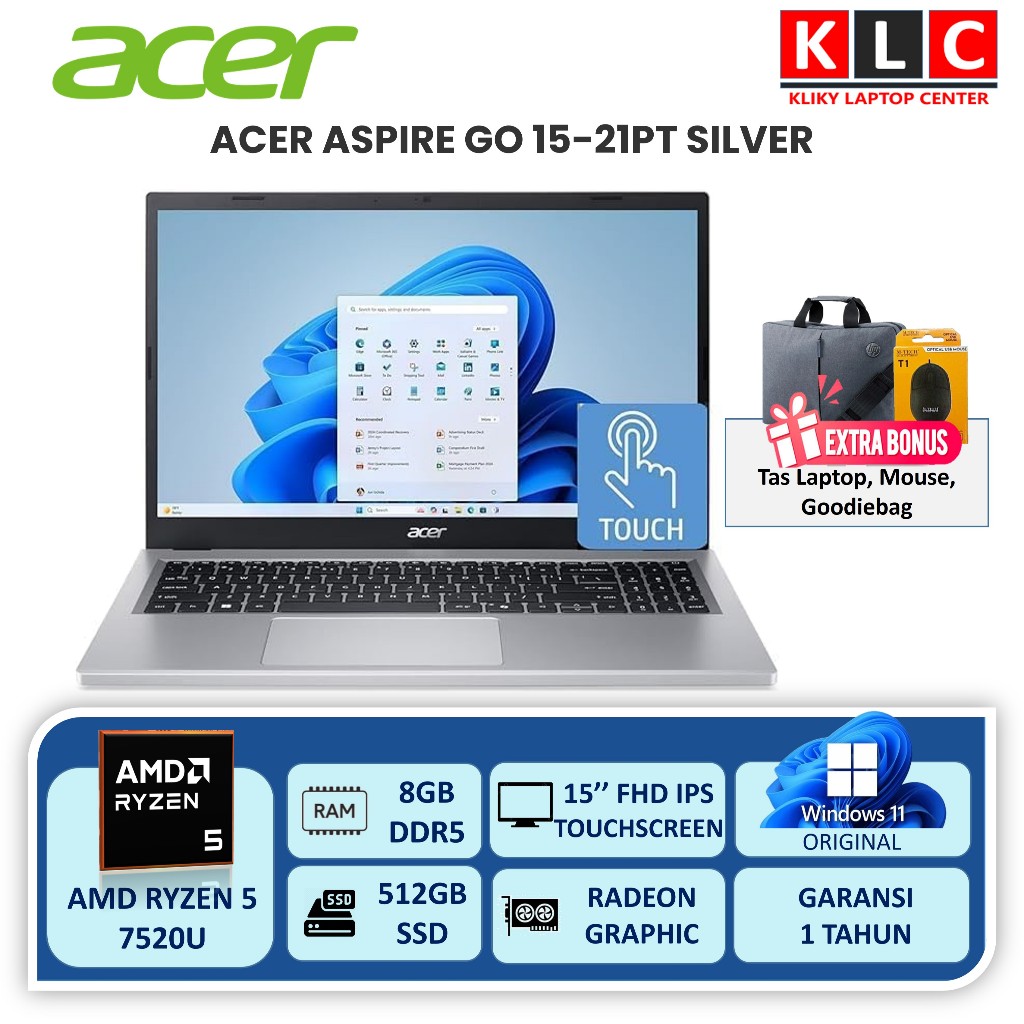 Laptop Acer Aspire GO 15 AMD Ryzen 5 7520U Ram 8GB DDR5 SSD 512GB 15 FHD IPS Touchscreen