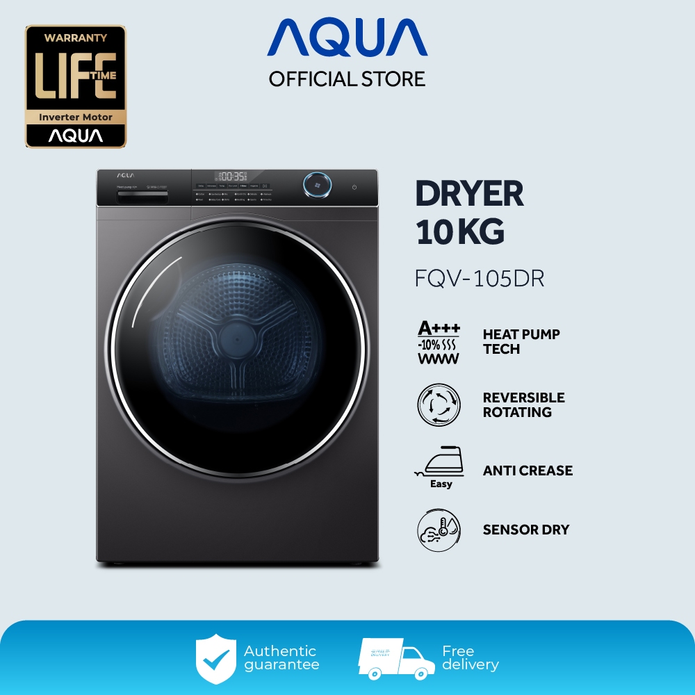 AQUA ELEKTRONIK Mesin Pengering Pakaian FQV-105DR-Heat Pump Tech-Reversible Rotating-Anti Crease Sen