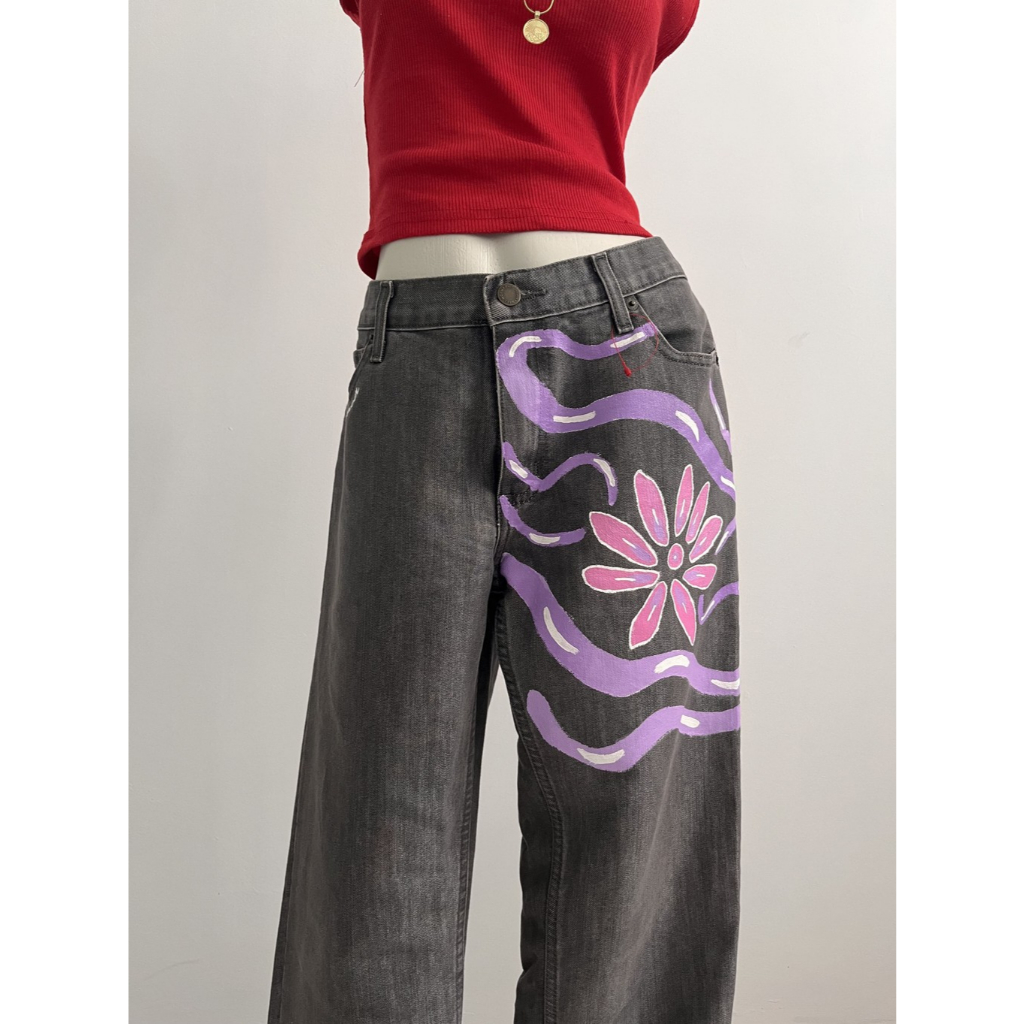 Hand-painted Flowery on Grey Jeans | Celana Panjang Jeans Abu | Reworked Denim Jeans | Reworked Pant