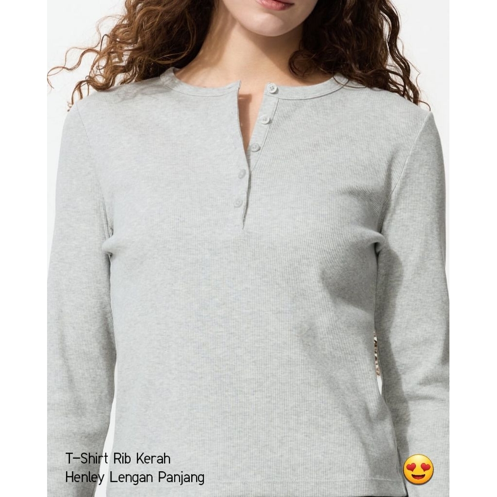 UNIQLO Kaos Tshirt Rib Kerah Henley Lengan Panjang ORIGINAL JASTIP