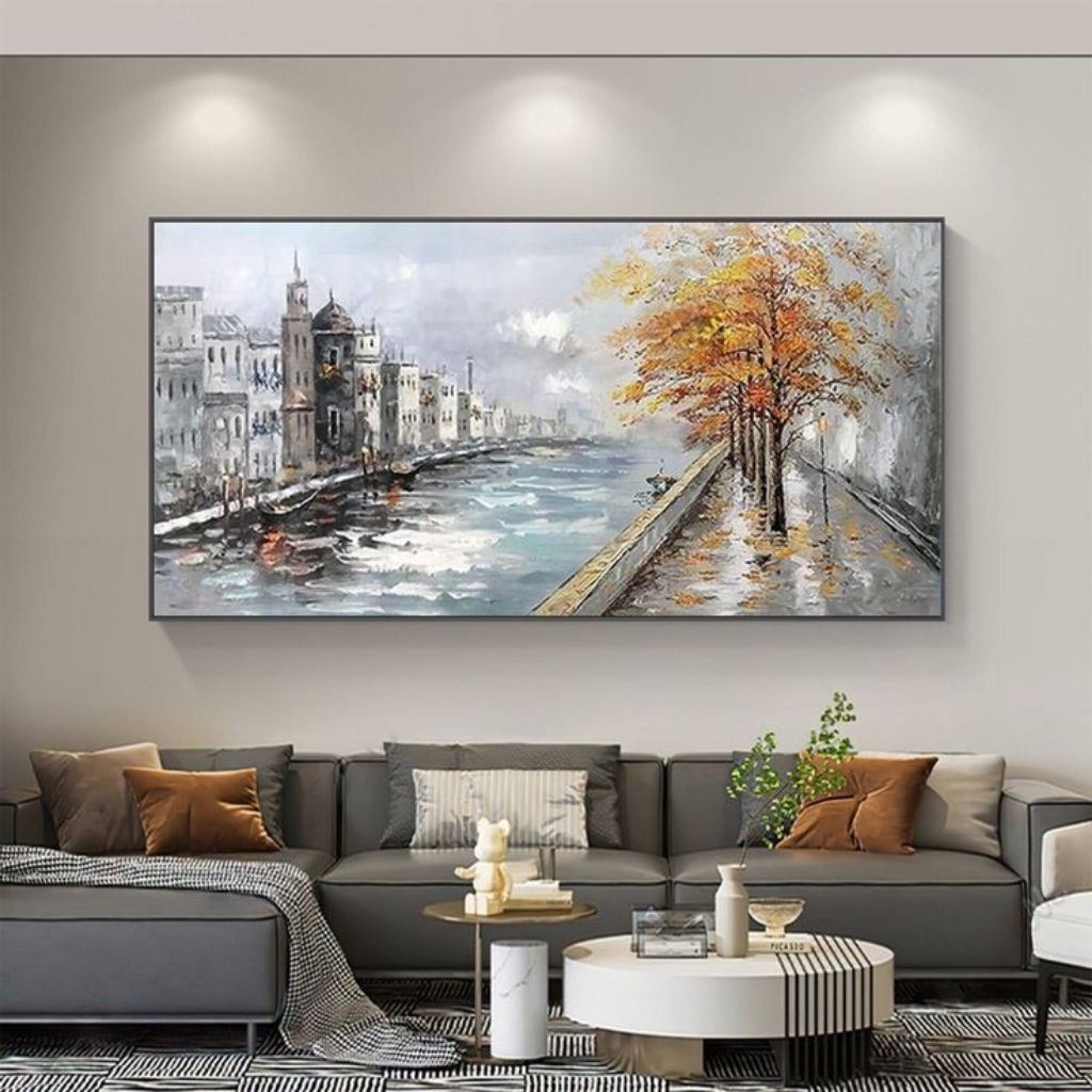 lukisan dinding pemandangan sungai texture timbul hiasan dinding aesthetic –lukisan asli buatan tang