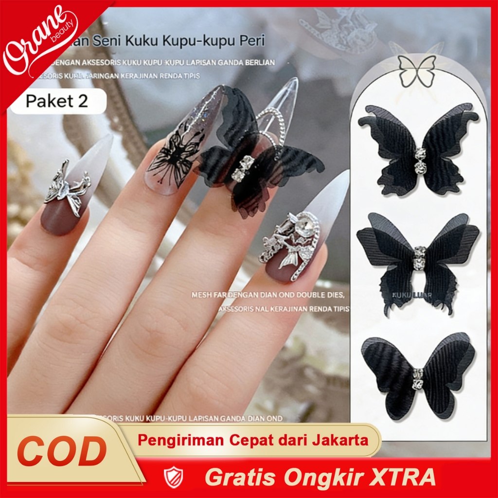 Oranebeauty 1Pasang Aksesoris Kupu Kupu Tulle Charm Kuku Accessories Butterfly Hiasan Kuku/ Nail Pay