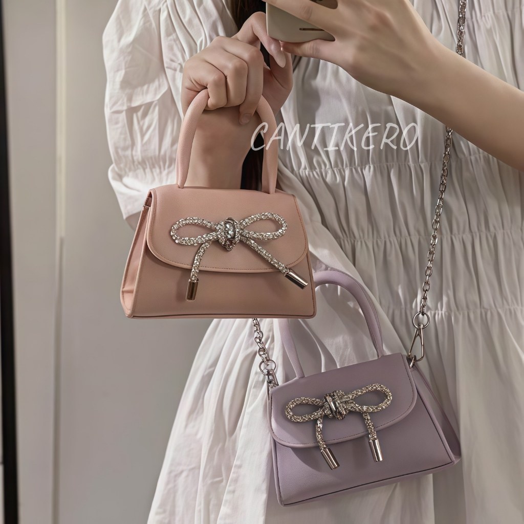 Cantikero Tas Tangan Mini Pita Tas Selempang Harum Tas Bahu Rantai Kecil Persegi Tas Wanita Fashion 