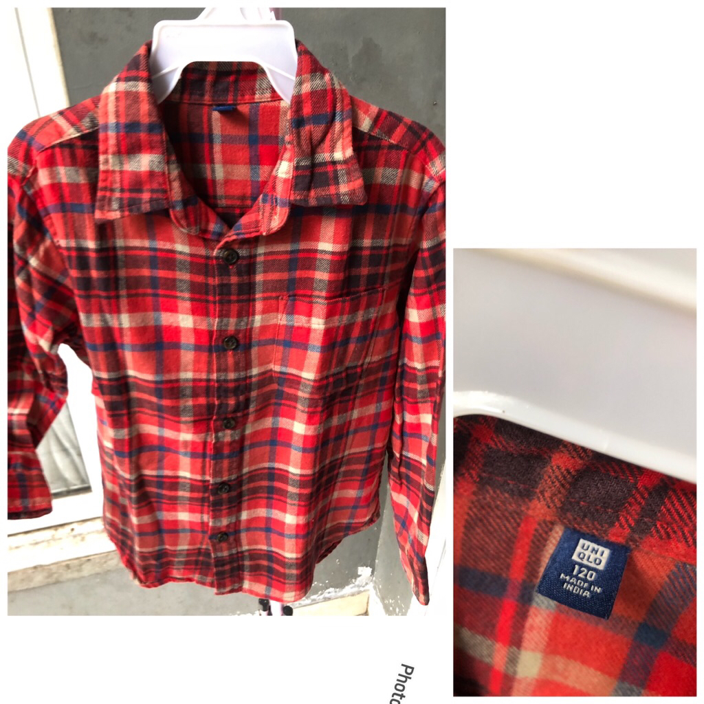 kemeja flannel Uniqlo kids sz 120 Merah