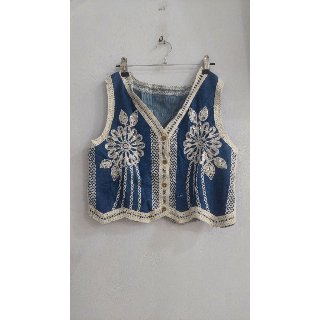 VEST TOP/ATASAN VEST/VEST DENIM/ROMPI BORDIR DENIM/KOREA ETNIK VEST JEANS DENIM/Rompi vest wanita