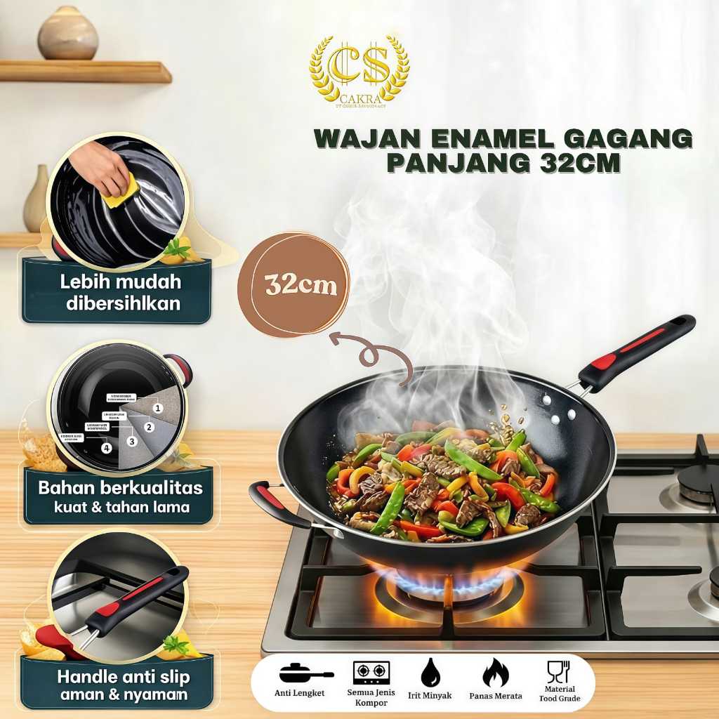 Wajan Enamel Gagang Panjang 32cm/Wajan Penggorengan Teflon 32 CM