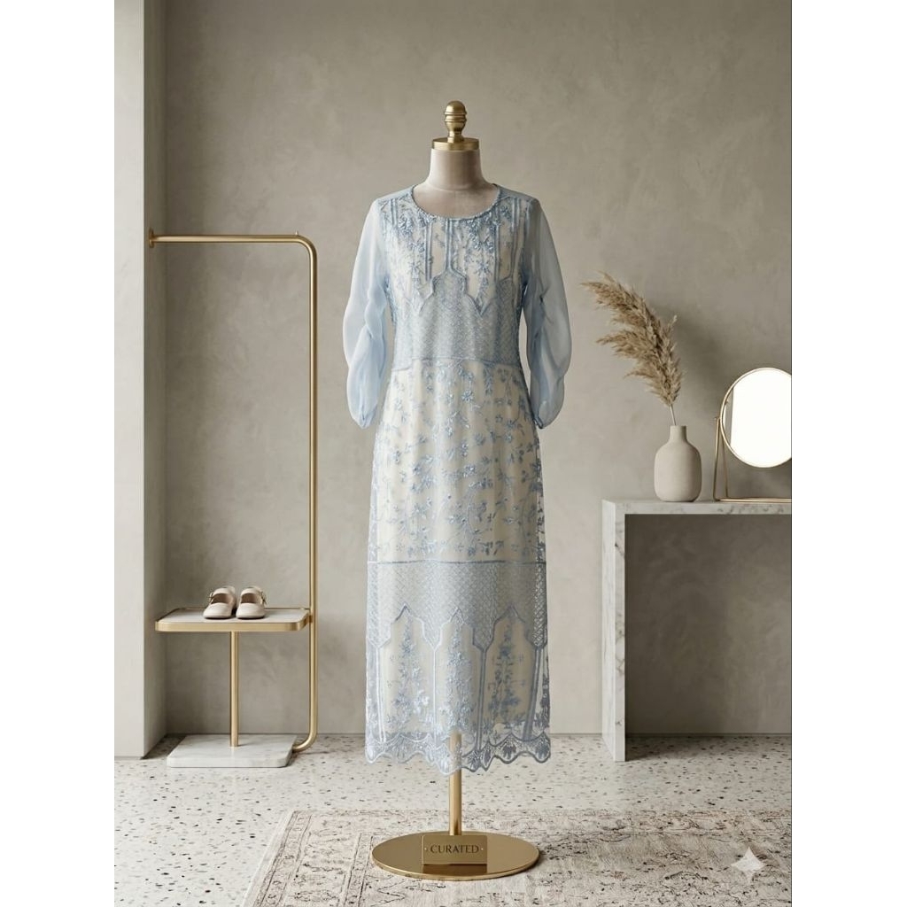 gamis dress blue sky lyly Korean style kondangan mewah