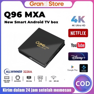 Q96 MXA Smart Android TV Box 4K Ultra HD Hitam, Kompatibel Netflix, YouTube, Disney+
