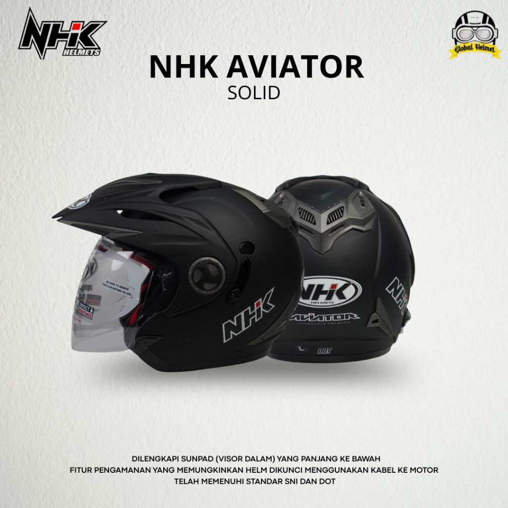 Helm NHK Halfface NHK Aviator Solid Hitam Doff Helm NHK Helm Motor NHK