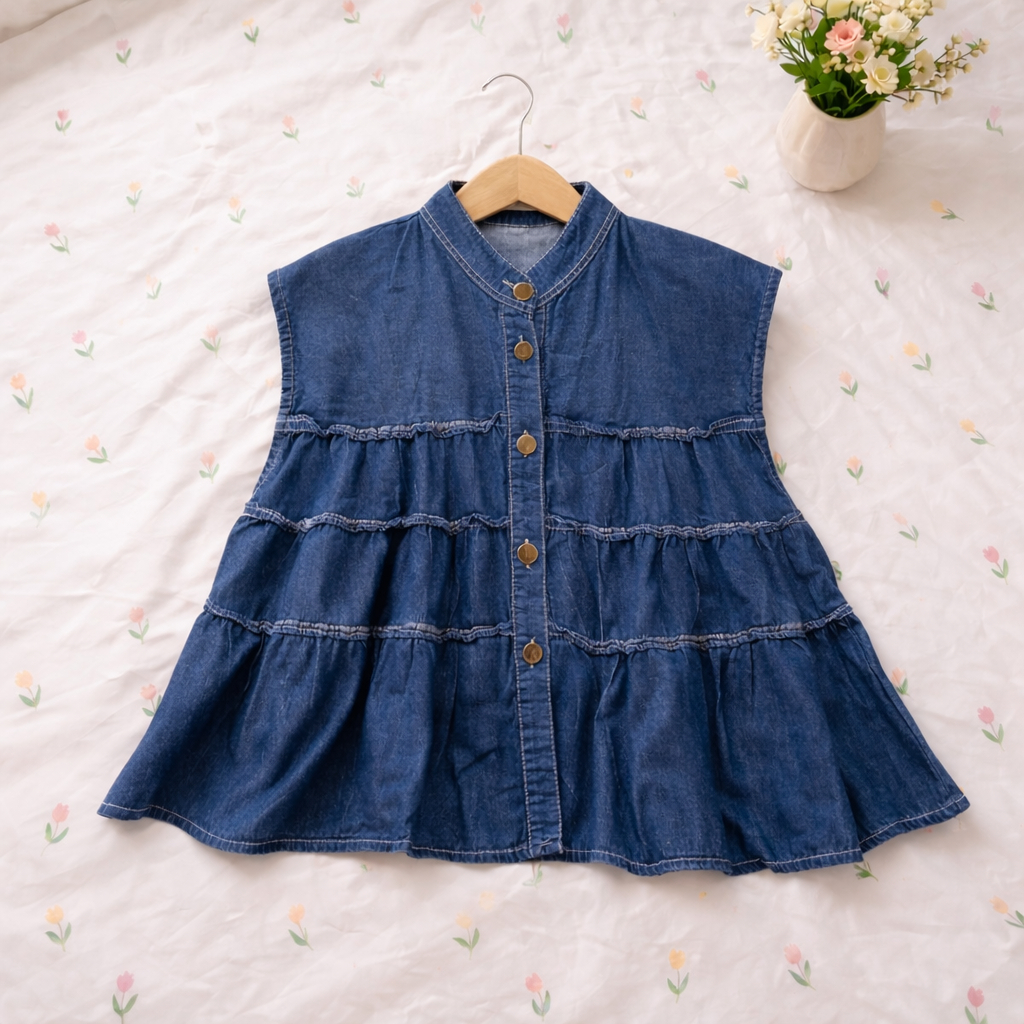 CARISSA VEST JEANS RUFFLE / ATASAN WANITA KUTUNG TANPA LENGAN BAHAN JEANS / VEST JEANS OUTER
