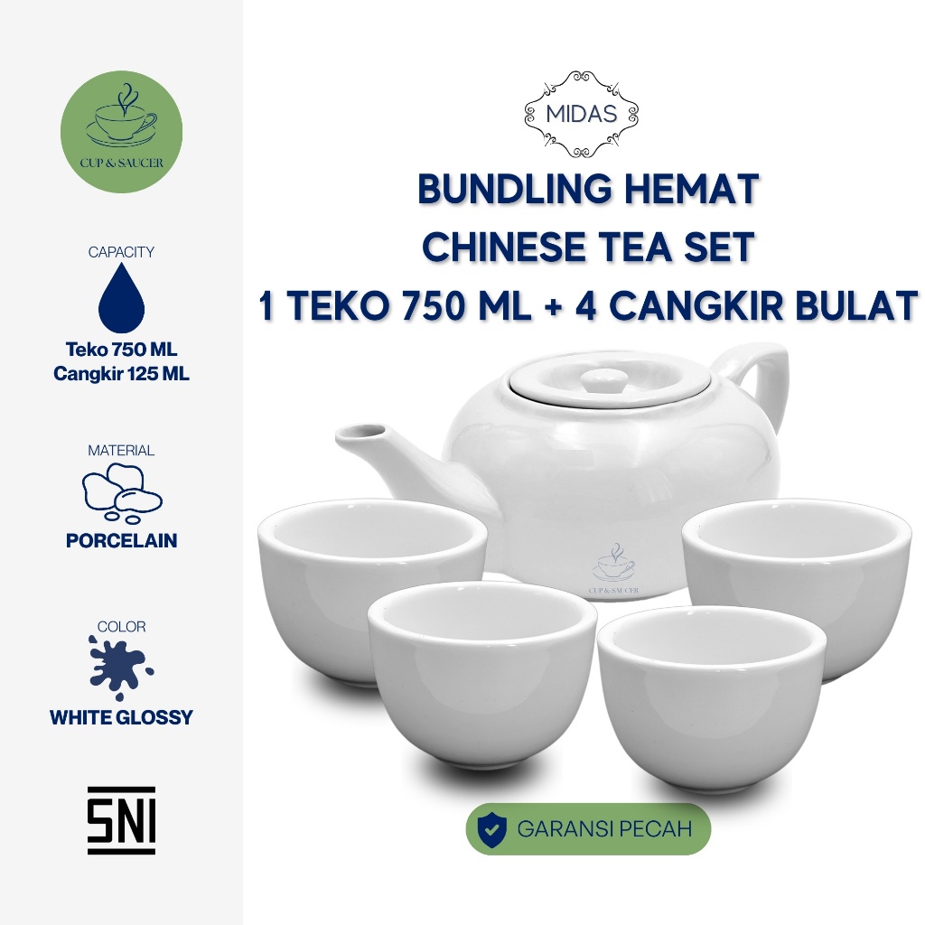 Midas Bundle - Teko Chinese Tea 750ml + 4 Cangkir Bulat Set Gelas Teapot Porcelain Keramik Mewah Kla