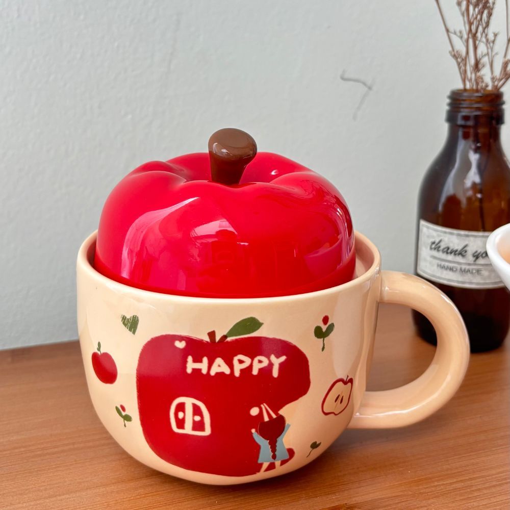 Mug Keramik Estetik 300 ml Tutup Bentuk Apel – Mug Kopi Teh Lucu