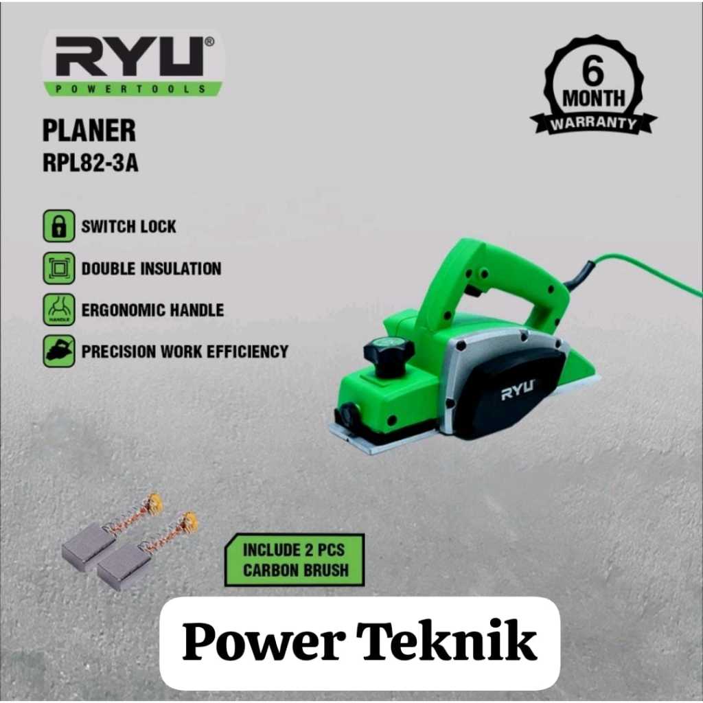 Ryu Planer RPL82-3A Hijau Hitam Dengan Handle Ergonomis Dan 2 Karbon Brush RYU Planer Ketam Kayu RPL