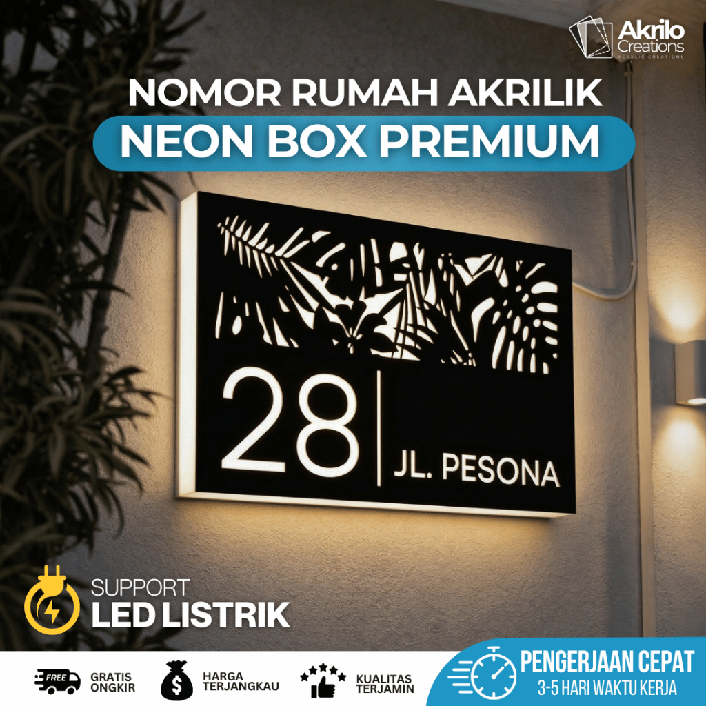 Nomor Rumah LED Neon Box Akrilik Papan Nama Akrilik LED Neonbox Papan Nama Akrilik