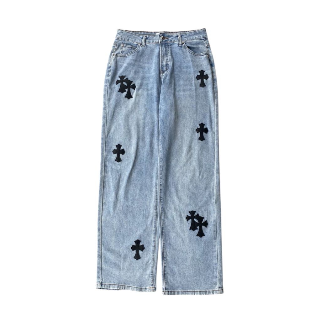 celana jeans pria/wanita patch chrome heart
