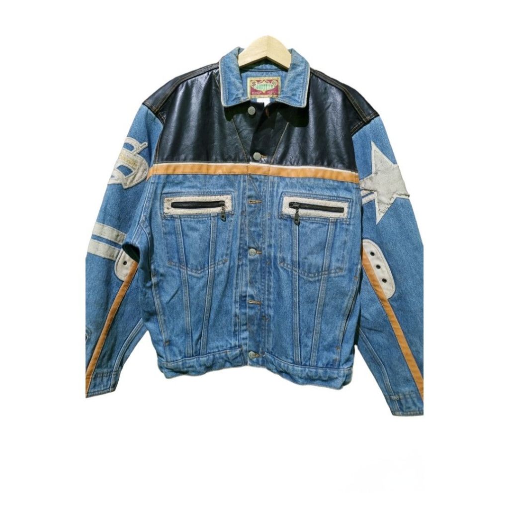 Vintage Shooter western Denim Leather Jacket made in madagascar