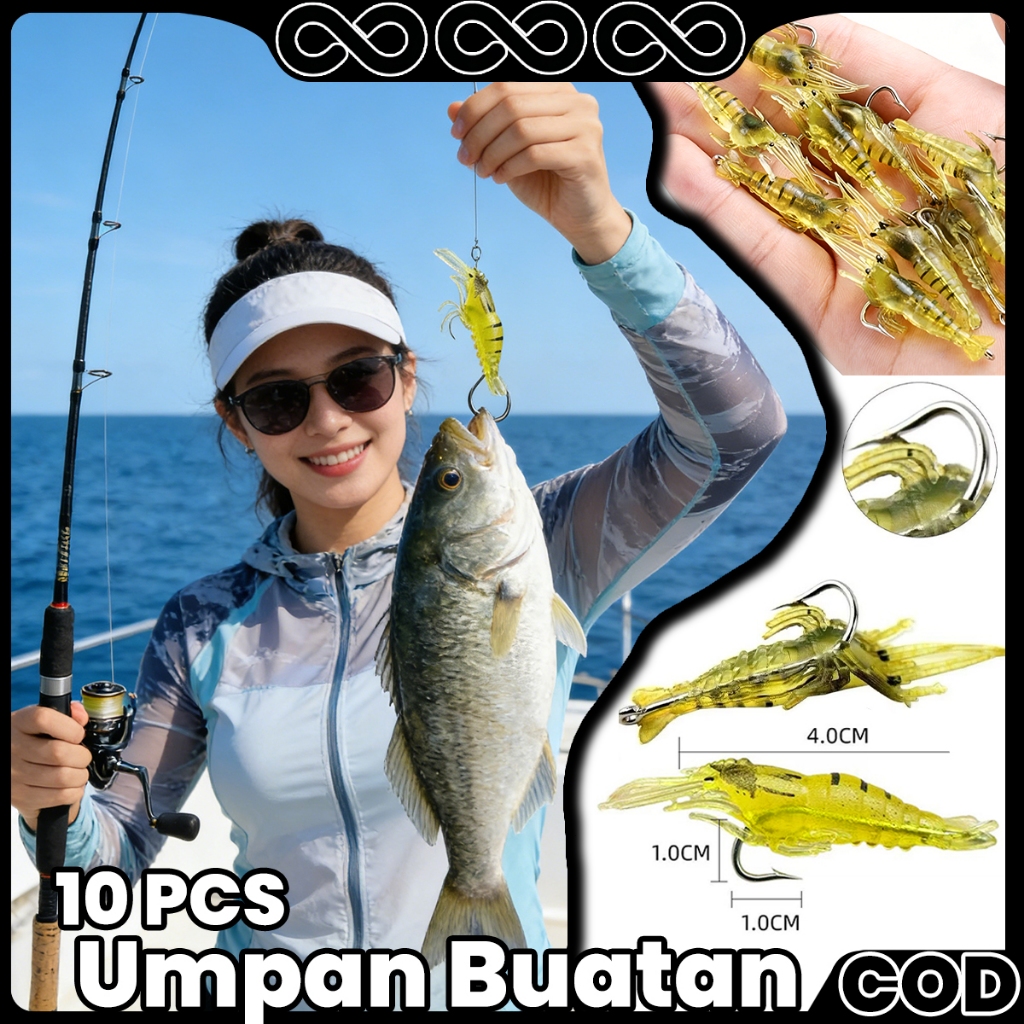 10 Pcs Umpan Pancing Udang Tiruan Soft Lure Desain Mirip Asli Bau Amis 4cm Dengan Kail Stainless Ump