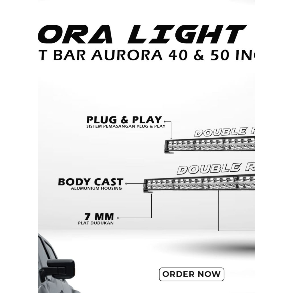 Led AURORA PD10 Putih 40" Double Row 600 Watt Panjang 107 cm Light Bar Work Light Lampu Tembak Sorot