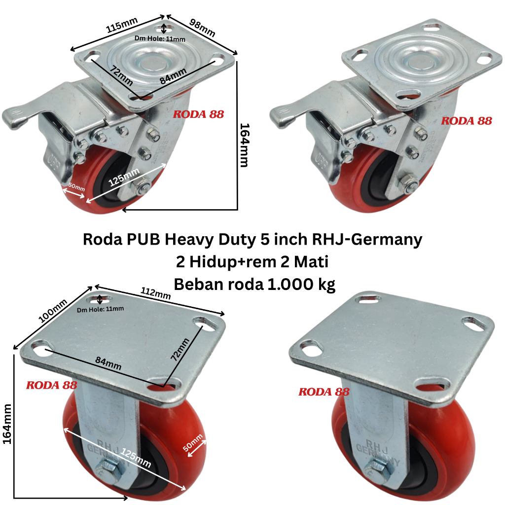 Roda 5 inch PUB RHJ-TW Germany Heavy Duty (2 Hidup+rem & 2 Mati) Beban Roda 1000kg