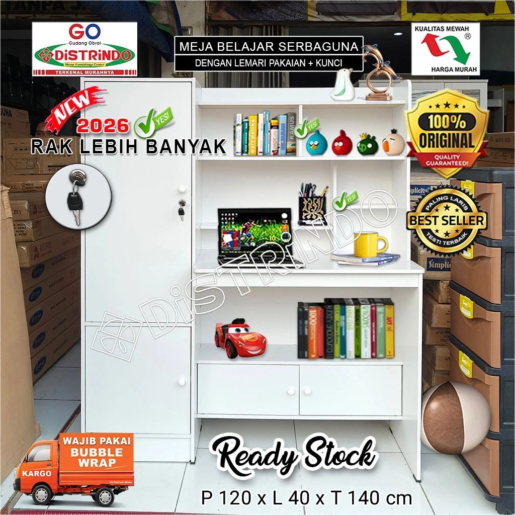 DISTRINDO Meja Belajar Anak / Meja Belajar minimalis dengan Lemari Penyimpanan Serbaguna + 2Lemari K
