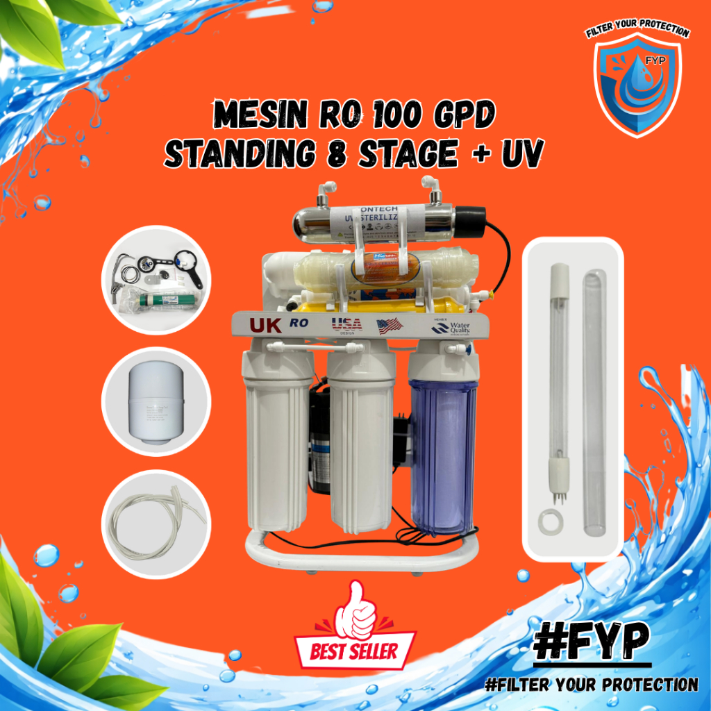 Mesin RO 100 GPD UK Standing 8 Tahap Plus UV Filter Air Minum Rumah Tangga