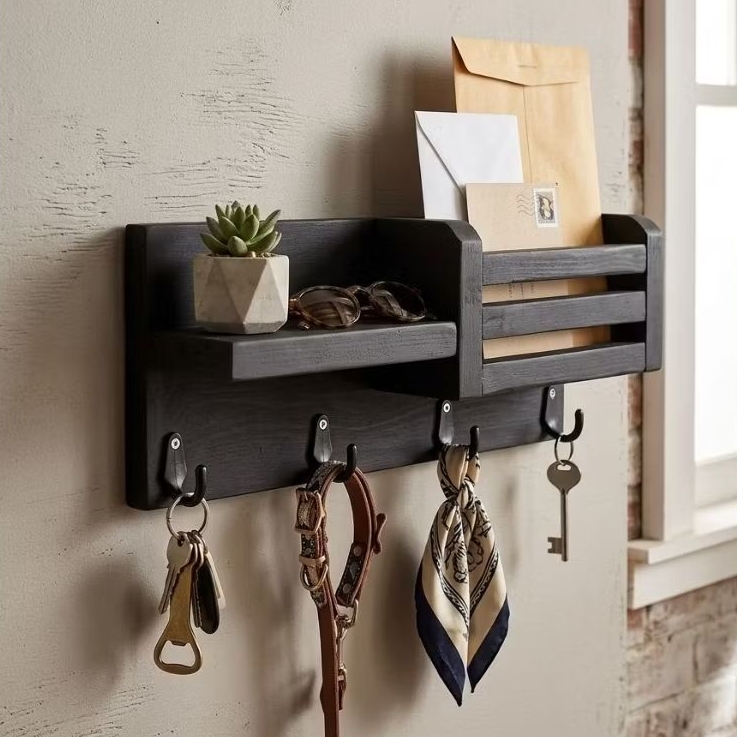 Rak Dinding Multifungsi dengan Hook untuk Kunci dan Gantungan Tas Desain Minimalis Cocok untuk Dekor