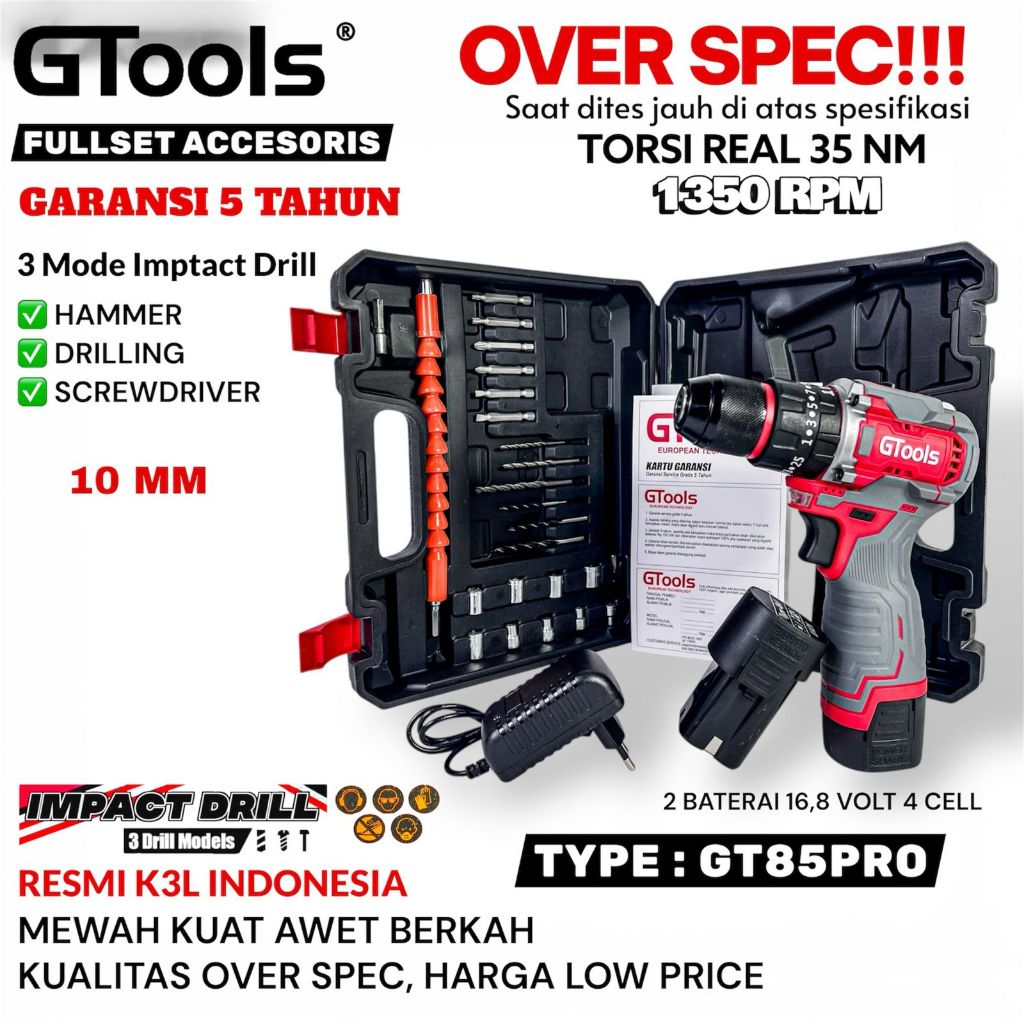 GTOOLS Original GT85PRO Bor Cordless 48 Volt 3 Mode 10mm 4 Cell Bor Baterai Kayu Baja Ringan Ori