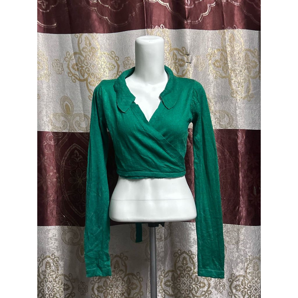 baju wanita cardigan rajut kimono crop kerah bertali warna hijau botol atasan outer outfit kekinian