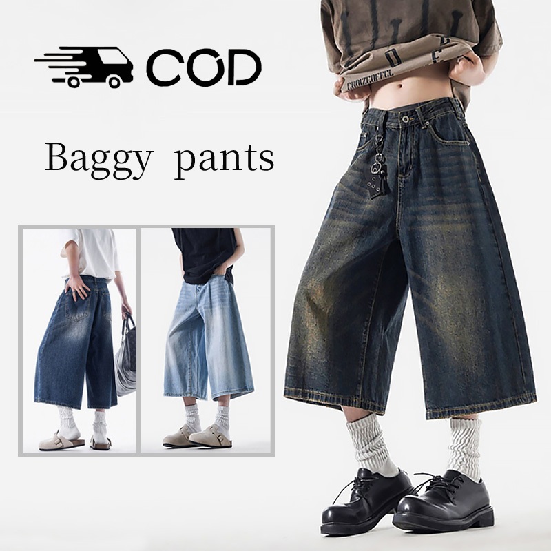 Jorts pants jeans pria wanita celana jeans 3/4 Retro Warna-warni