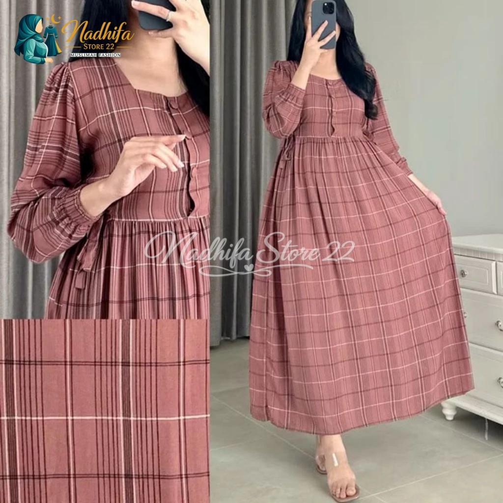 TERLARIS MIDI DRESS Motif Kotak Aluna Gamis Katun Jumbo Kekinian Lembut Halus dan Nyaman dipakai