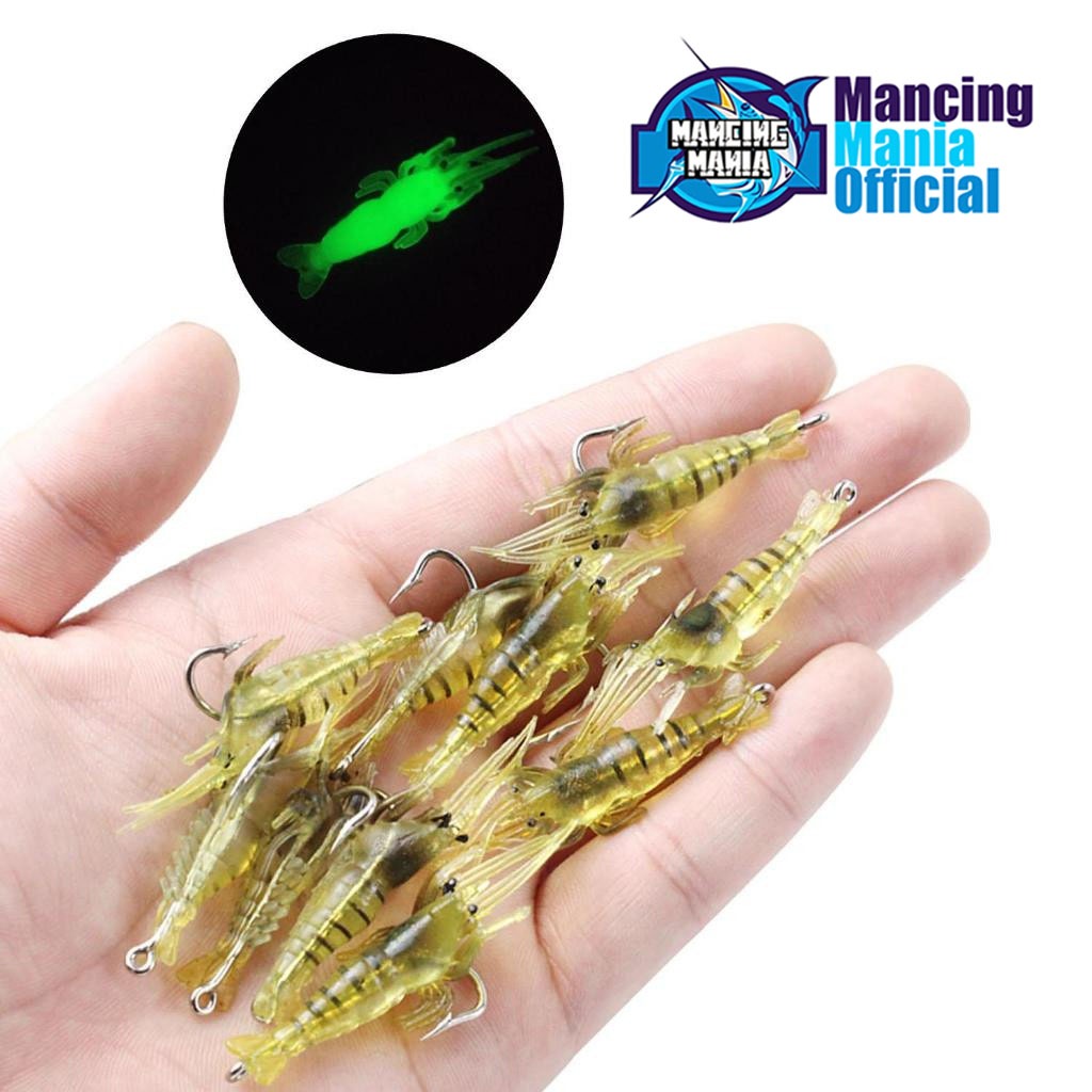 MANCING MANIA Umpan Udang Karet Silikon Hijau Fosfor dengan Kail Pancing Panjang 4cm Termasuk Mata K