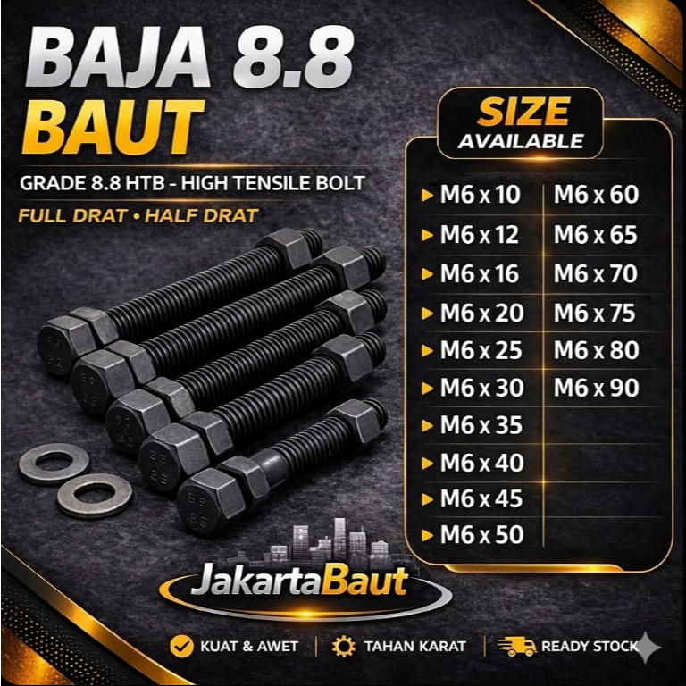 Baja 8.8 Baut M6X75 / Baut 6X75 / M6 X 75 / 6 X 75  Grade 8.8 HTB - High Tensile Bolt Half Drat