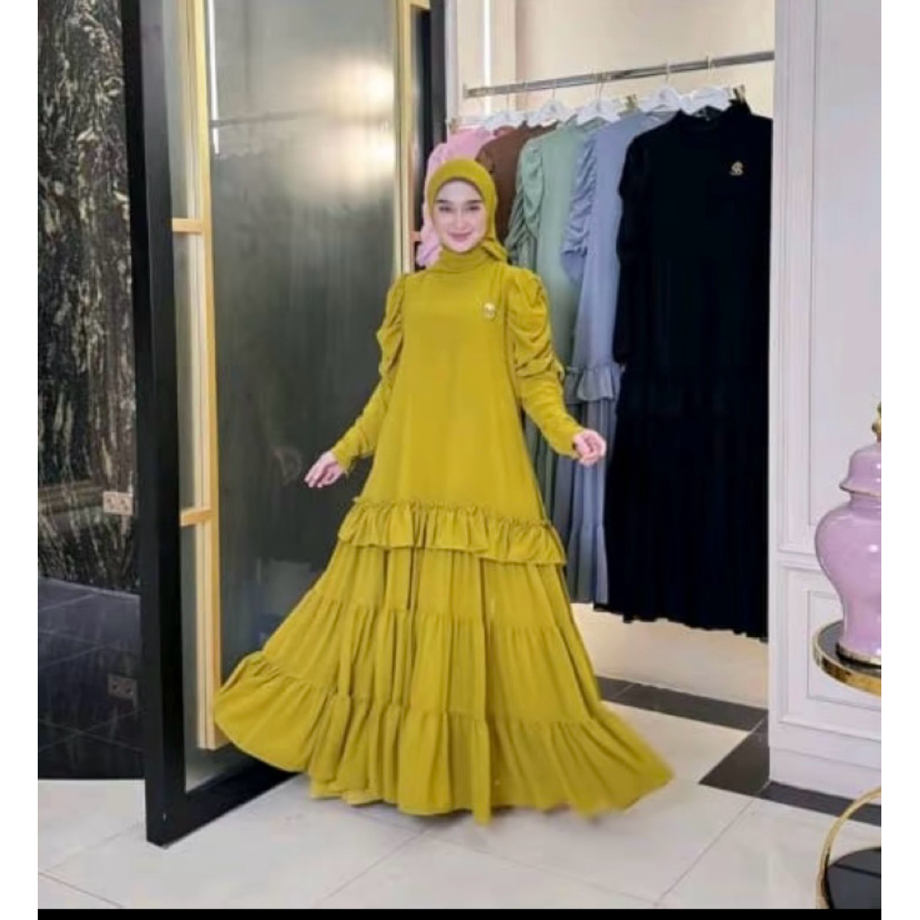 gamis SS rampel plus hijab warna lemon