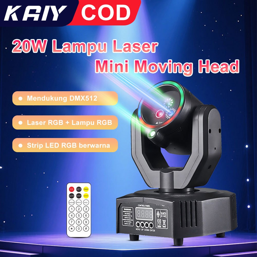 KAIY Mini 20W RGB Moving Head Laser Spotlight - Lampu Sorot Laser Merah, Hijau, Biru dengan Strip Ca
