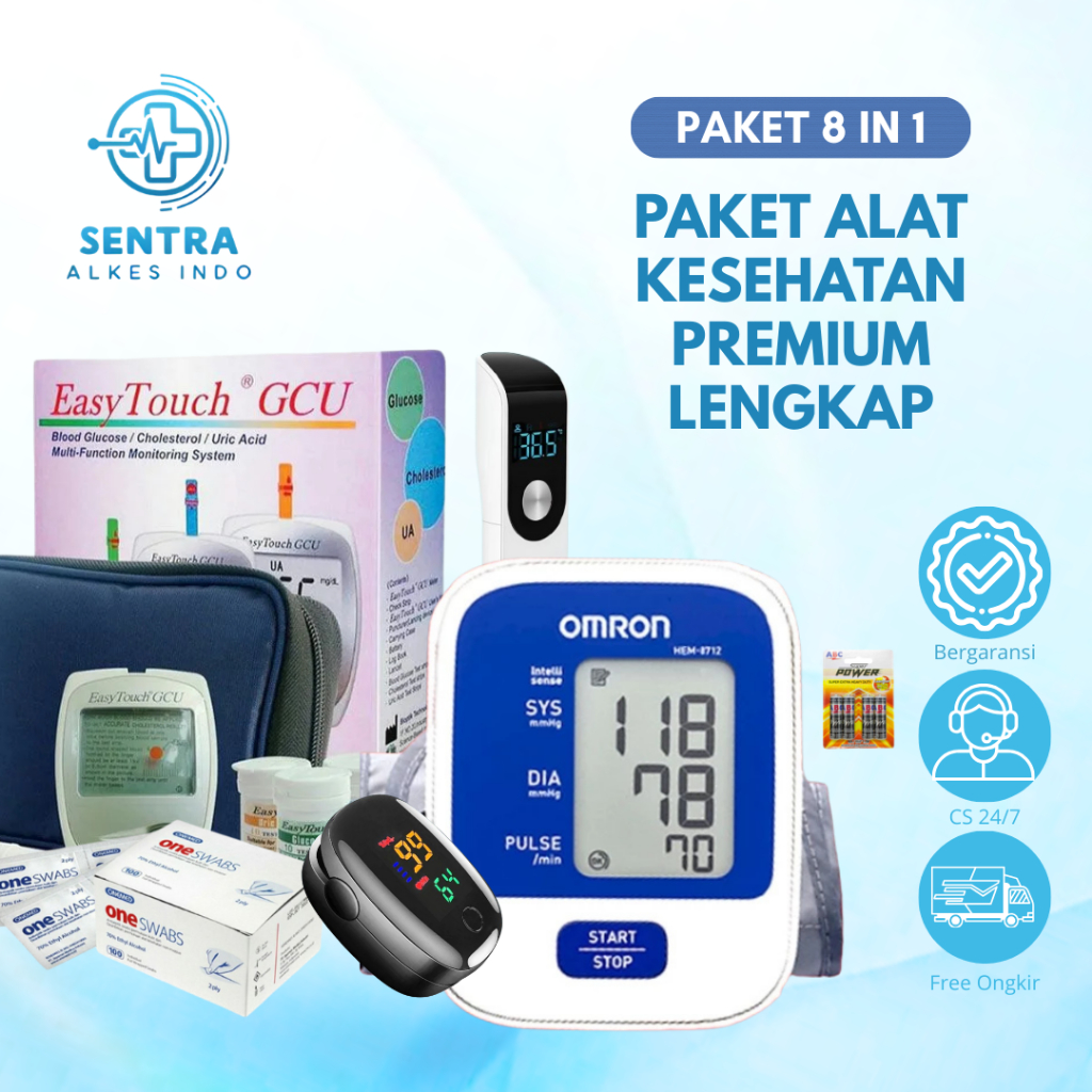 Paket Alat Kesehatan Premium 5 In 1 / Alat Test Darah Easy Touch GCU 3 In 1 / Digital Tensimeter Omr