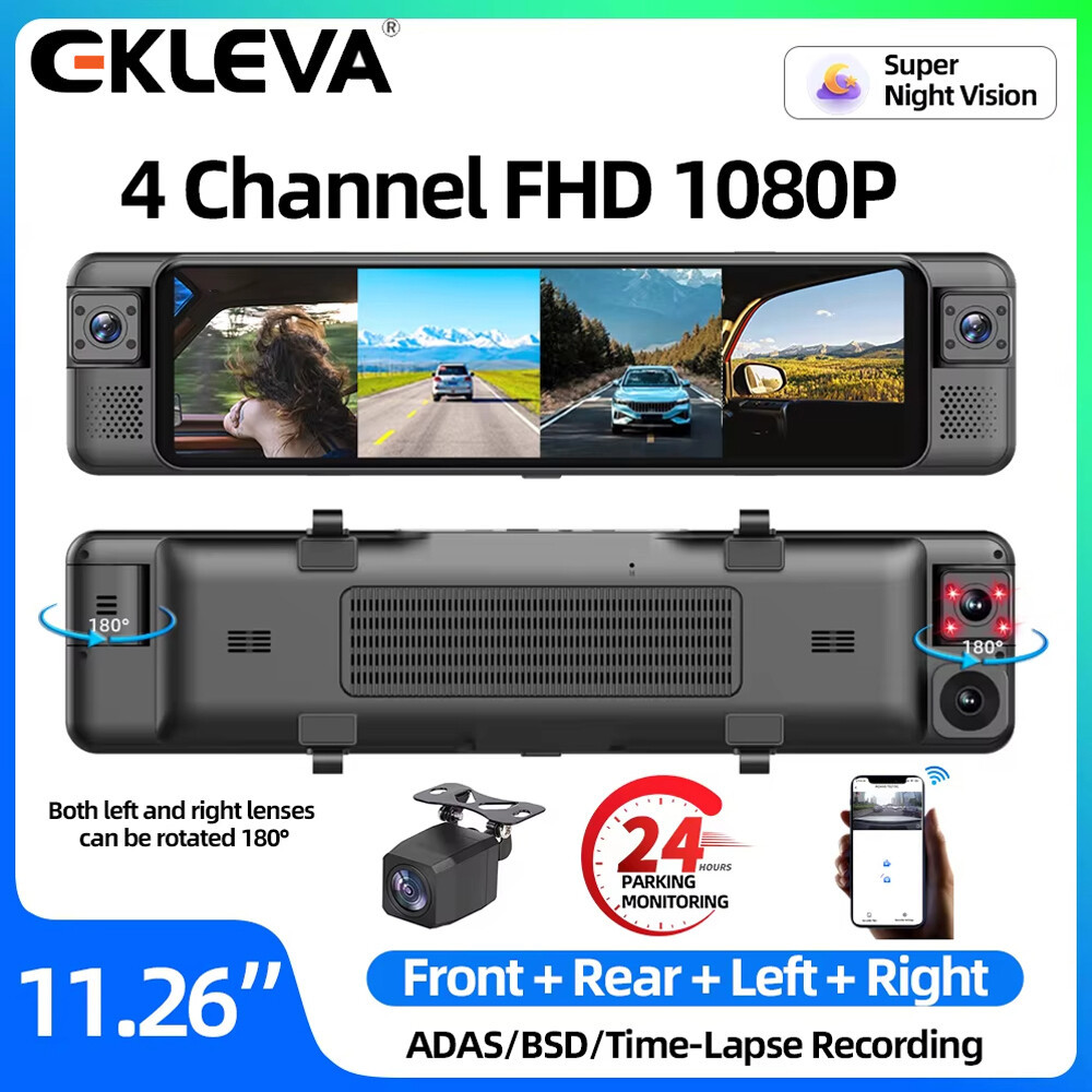 EKLEVA 4CH Dashcam 11.26" 4K Kamera Spion ADAS 360° BSD WiFi Night Vision Parkir 24 Jam Perekaman Be