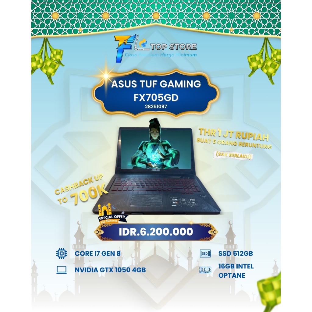 LAPTOP ASUS TUF GAMING FX705GD CORE I7 GEN 8 SSD 512/16GB NVIDIA GTX 1050 4GB