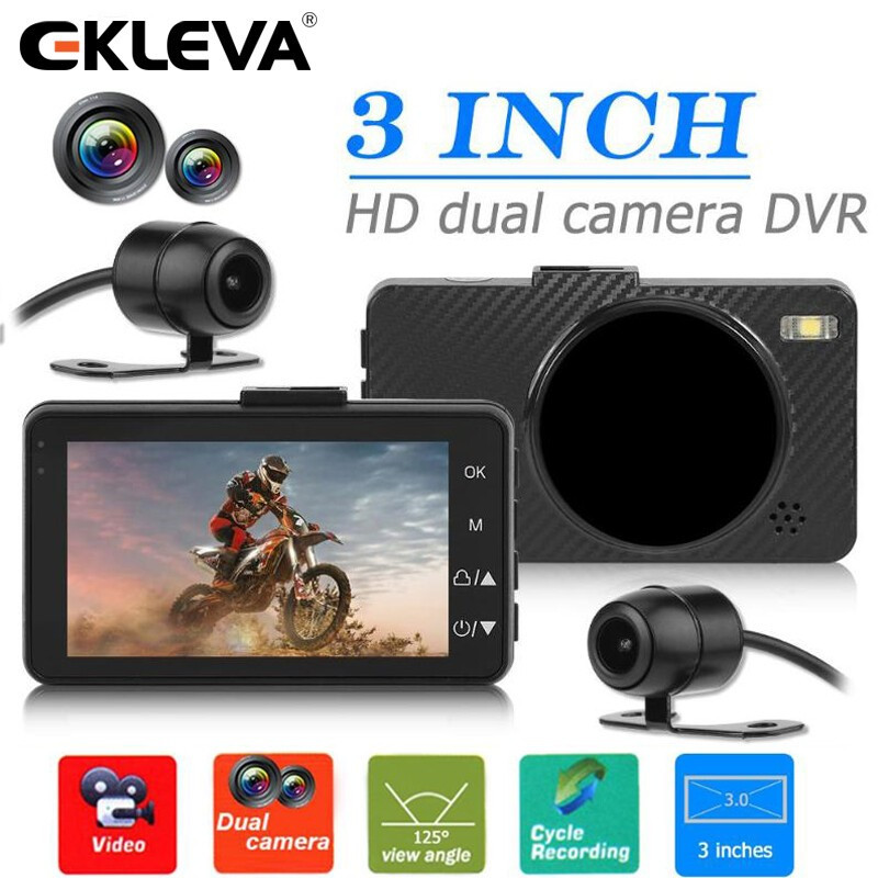 EKLEVA Dash Cam Motor 3" LCD 720P Dual Camera Depan Belakang Anti Air G-sensor WDR