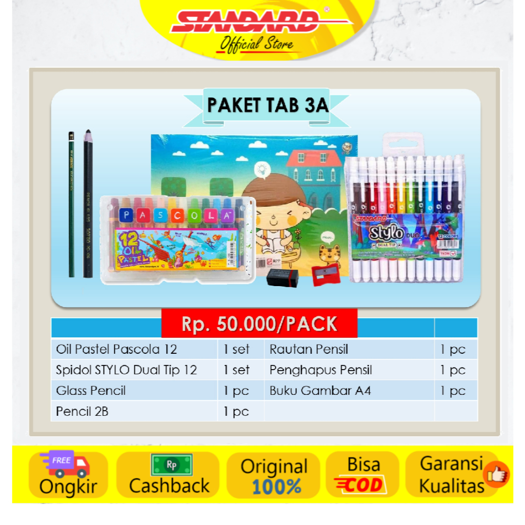 Standard - Paket TAB 3A / 3B ( Oil Pastel Pascola/Coloring, Lite Me Dualtip, Pencil, Penghapus, Raut