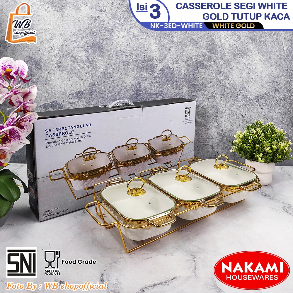 Nakami prasmanan set segi isi 3 + tutup + rak motif White Gold duluxe series keramik / premium casse