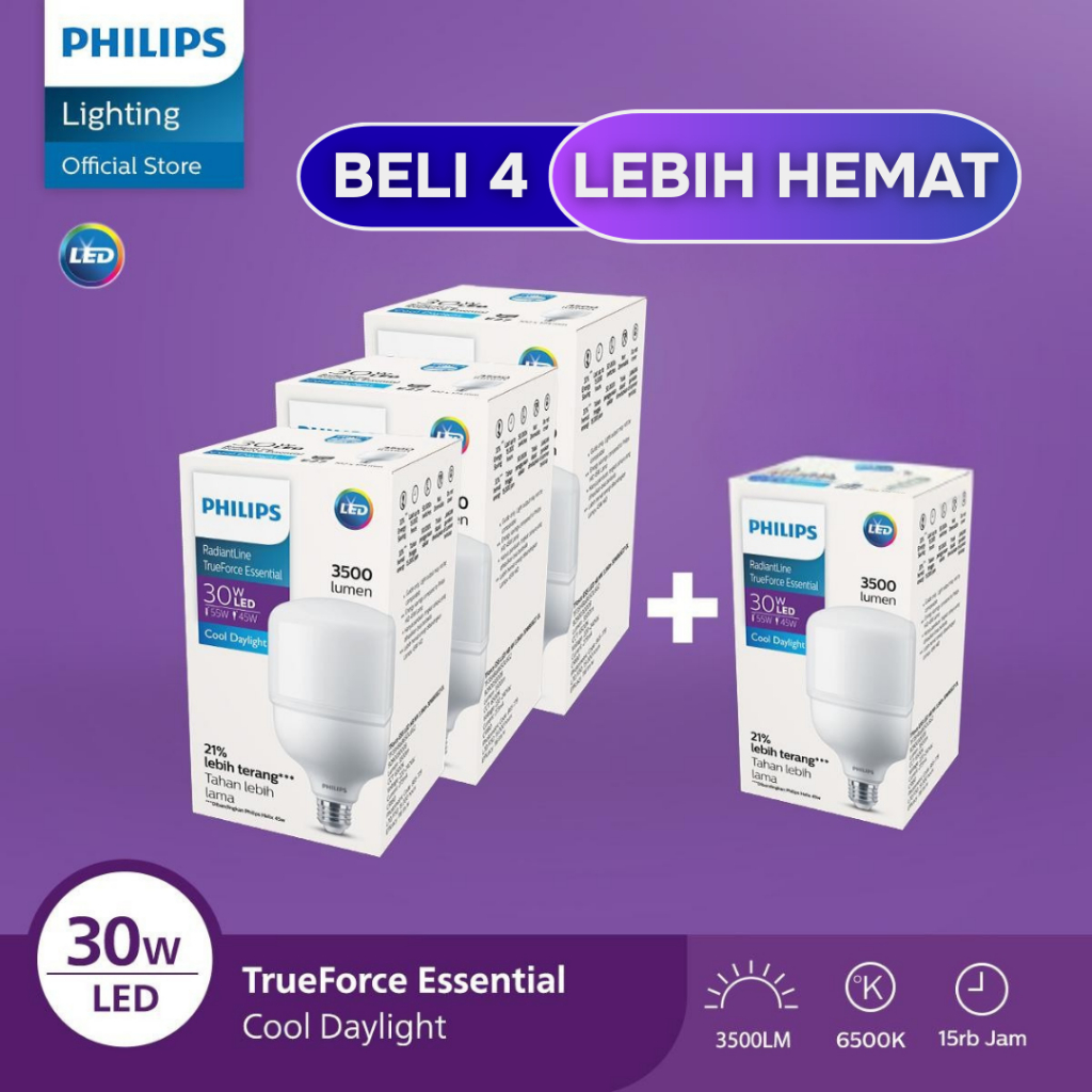 Beli 3 Gratis 1 Lampu Philips Bohlam Radiantline TrueForce Essential 30W Putih