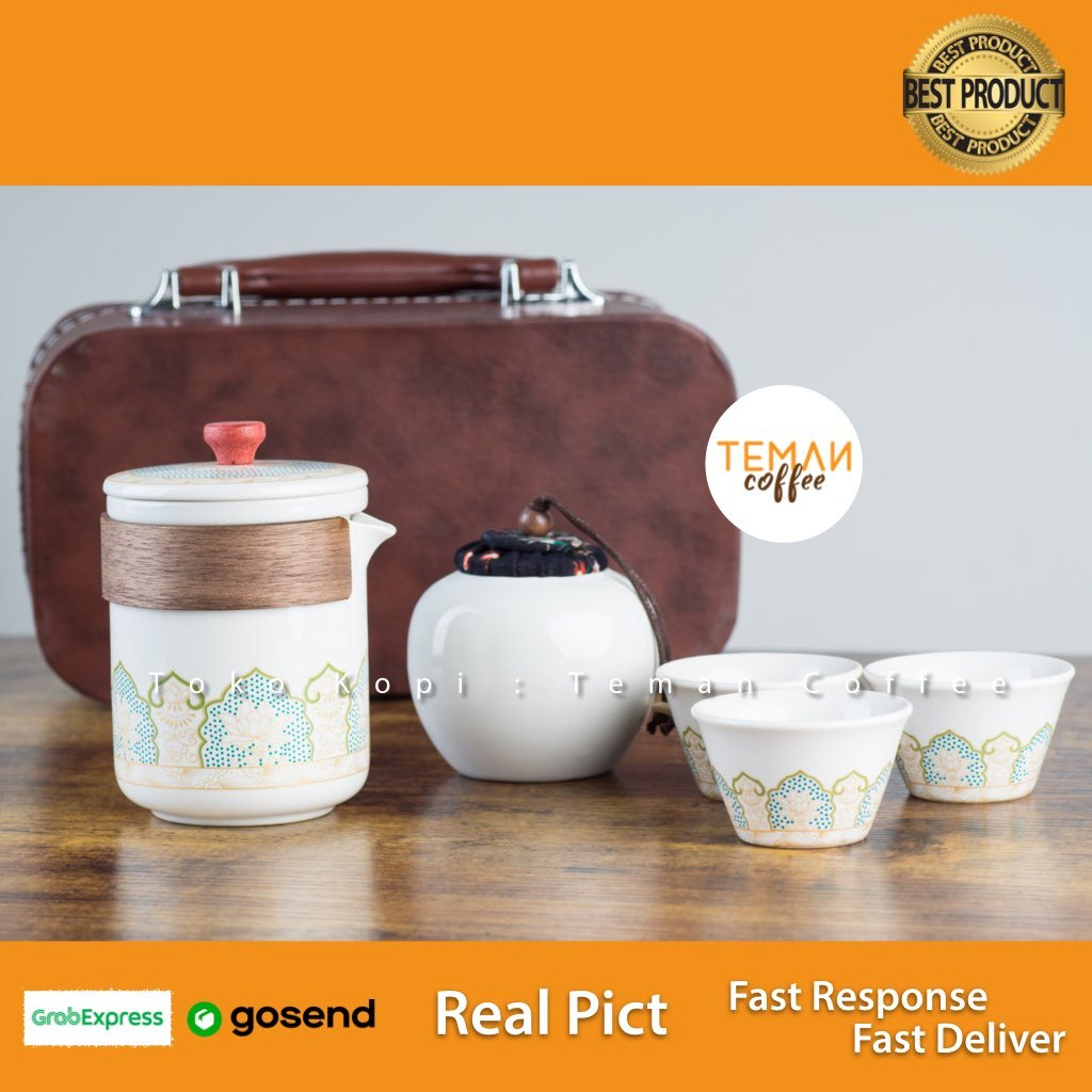 TEAWALK Set Teko Gelas Keramik Kopi Teh 3 Cangkir 1 Teko 1 Toples - C5 - White