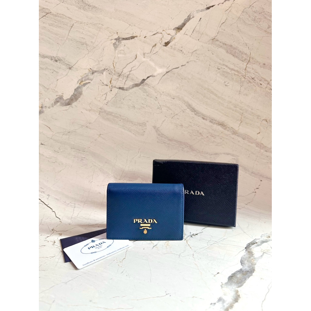 Preloved prada bifold leather wallet blue ghw authentic original second dompet