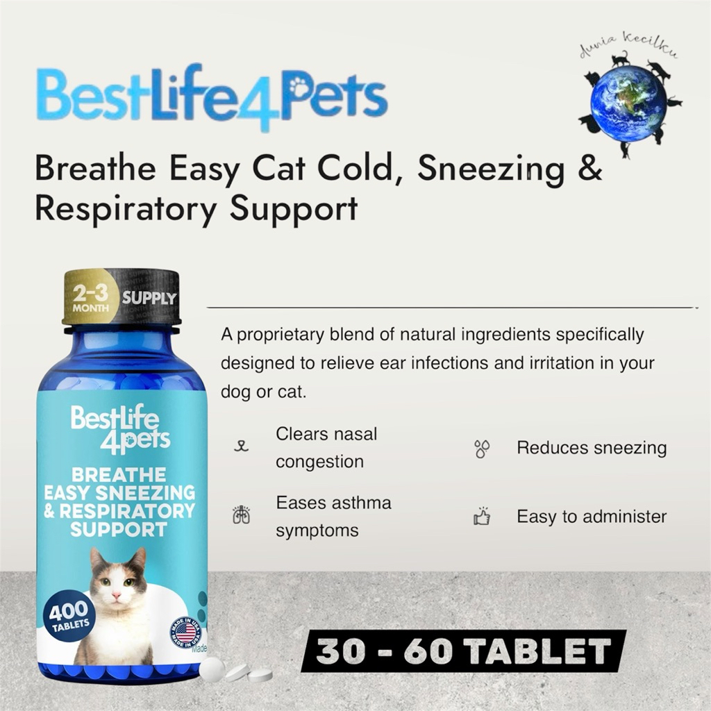 Suplemen Pernapasan Kucing Flu Batuk Hidung Tersumbat 30 atau 60 Tablet