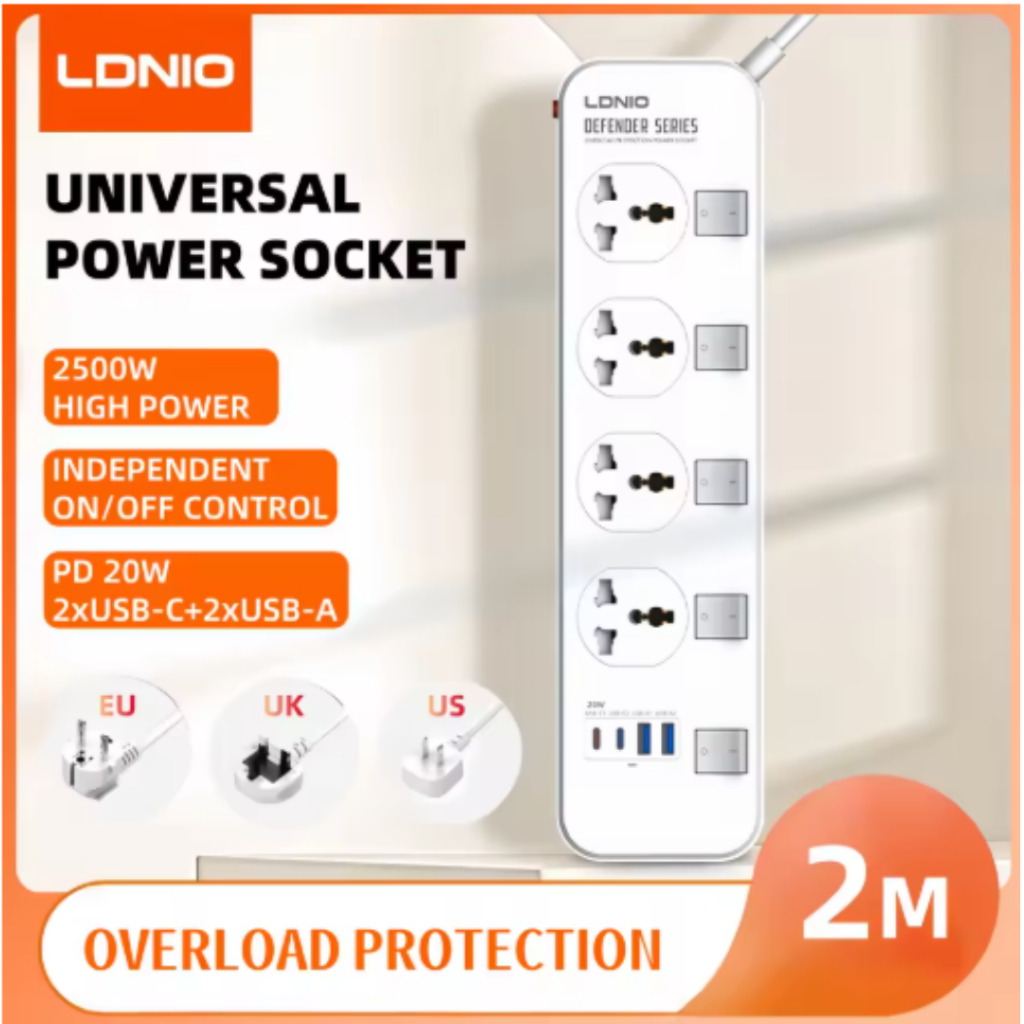 V 2.0 LDNIO SC4408C colokan listrik universal power socket  independent  2 USB-A 2 USB-C Kabel  2 me